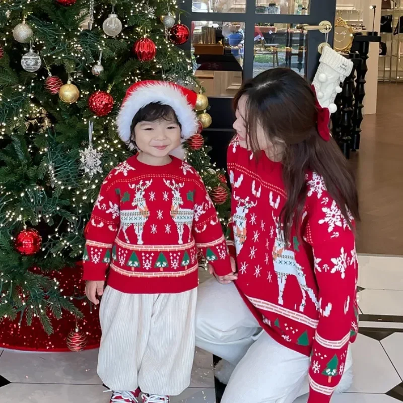 Plant Parental - ครอบครัวคริสต์มาส Reindeer Tree เสื้อกันหนาวเด็กสีแดงถักจัมเปอร์พ่อแม่และลูกสาวเดียวกันเสื้อผ้า Tops